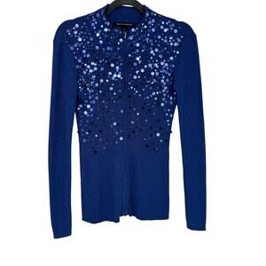 Boston Proper Blue Sequin Full Zip Sweater Rib Knit Mock Neck Metallic Small